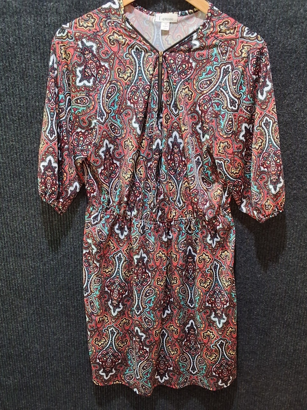 Espresso Paisley Asymmetrical Dress in Brown with Teal & Rust Accents
